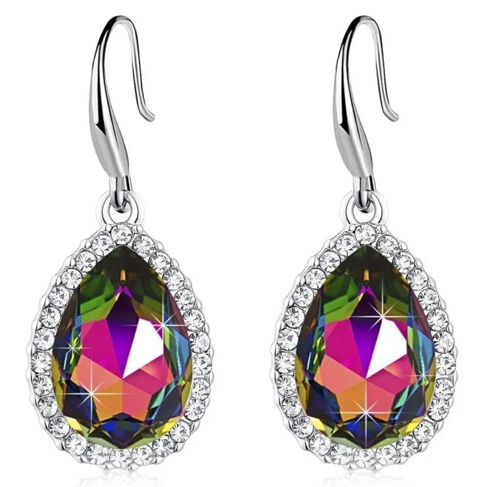14K White Gold with Vitrail Medium Austrian Crystal Teardrop Halo Hook Earrings
